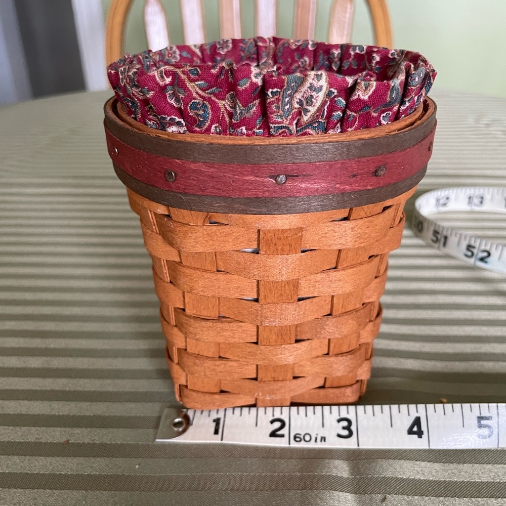 Longaberger Handwoven Tan and Red Wood Basket with Paisley Fabric Liner